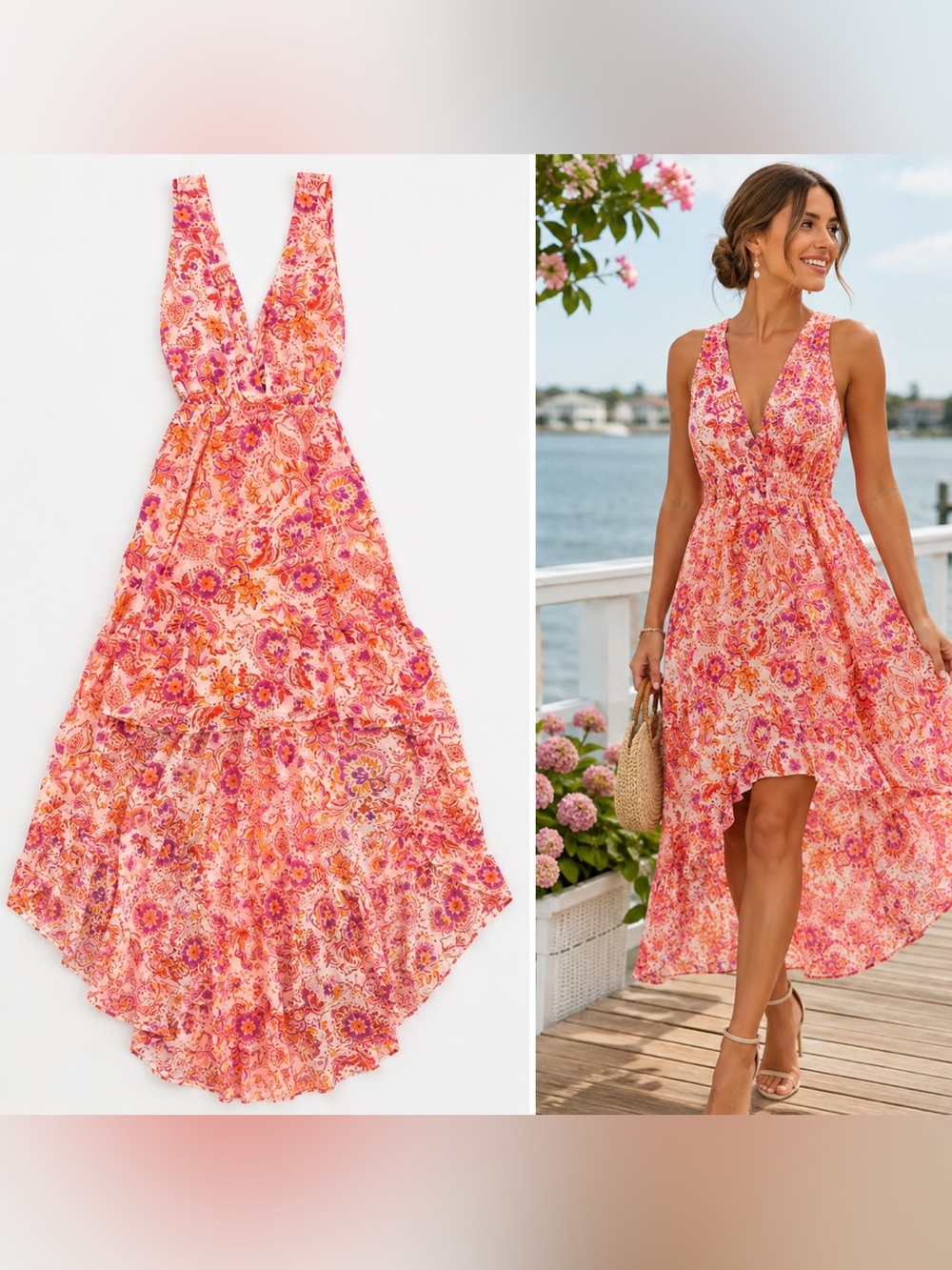 MEET ME IN SANTORINI - Floral Halter HIGH-LOW Maxi Dress NWT